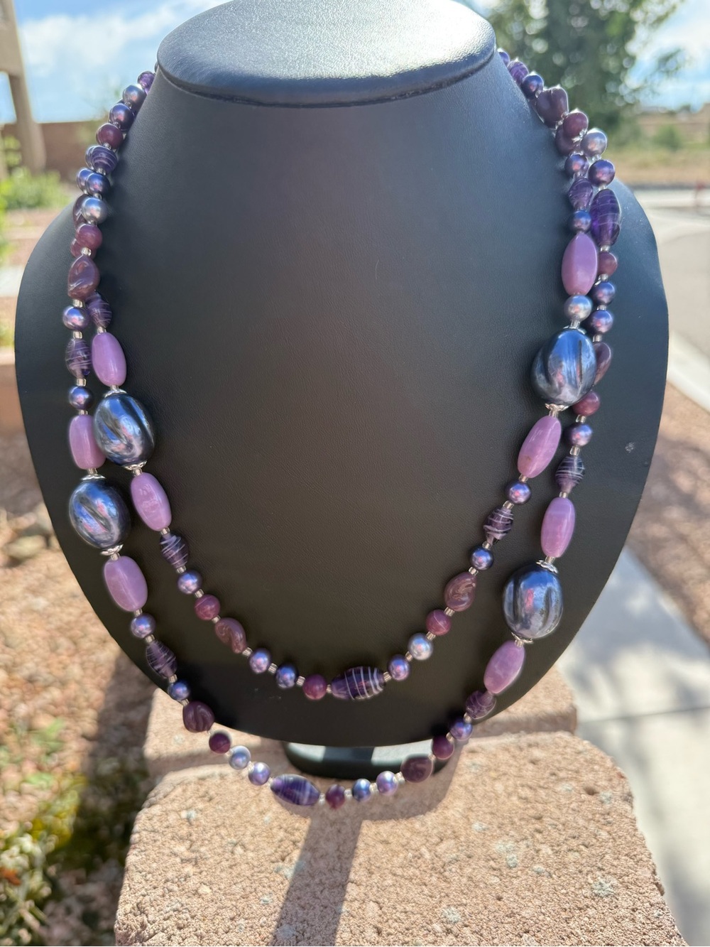 Vintage Purple Lavender Glass Mixed Beaded Necklace Double Strand